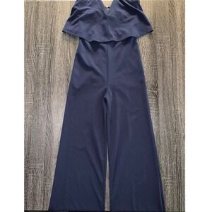 Lulus Navy Blue Strapless Wide Leg Jumpsuit Notch V Neck Flounce Bodice Size S